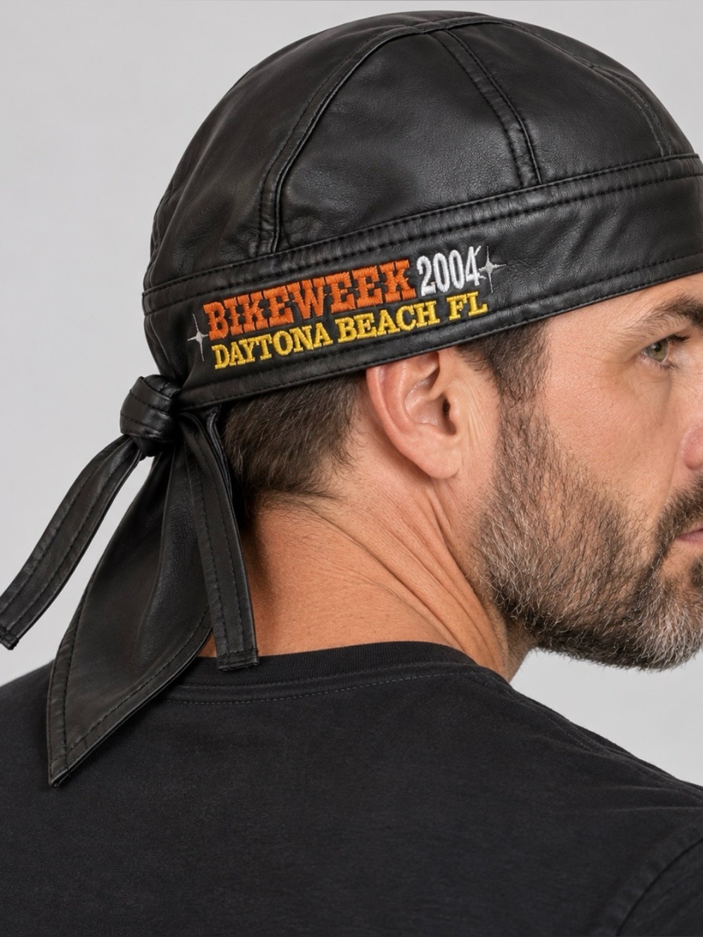 Vintage 2004 Daytona Beach Bike Week Black Faux Leather Biker Do Rag Skull Cap